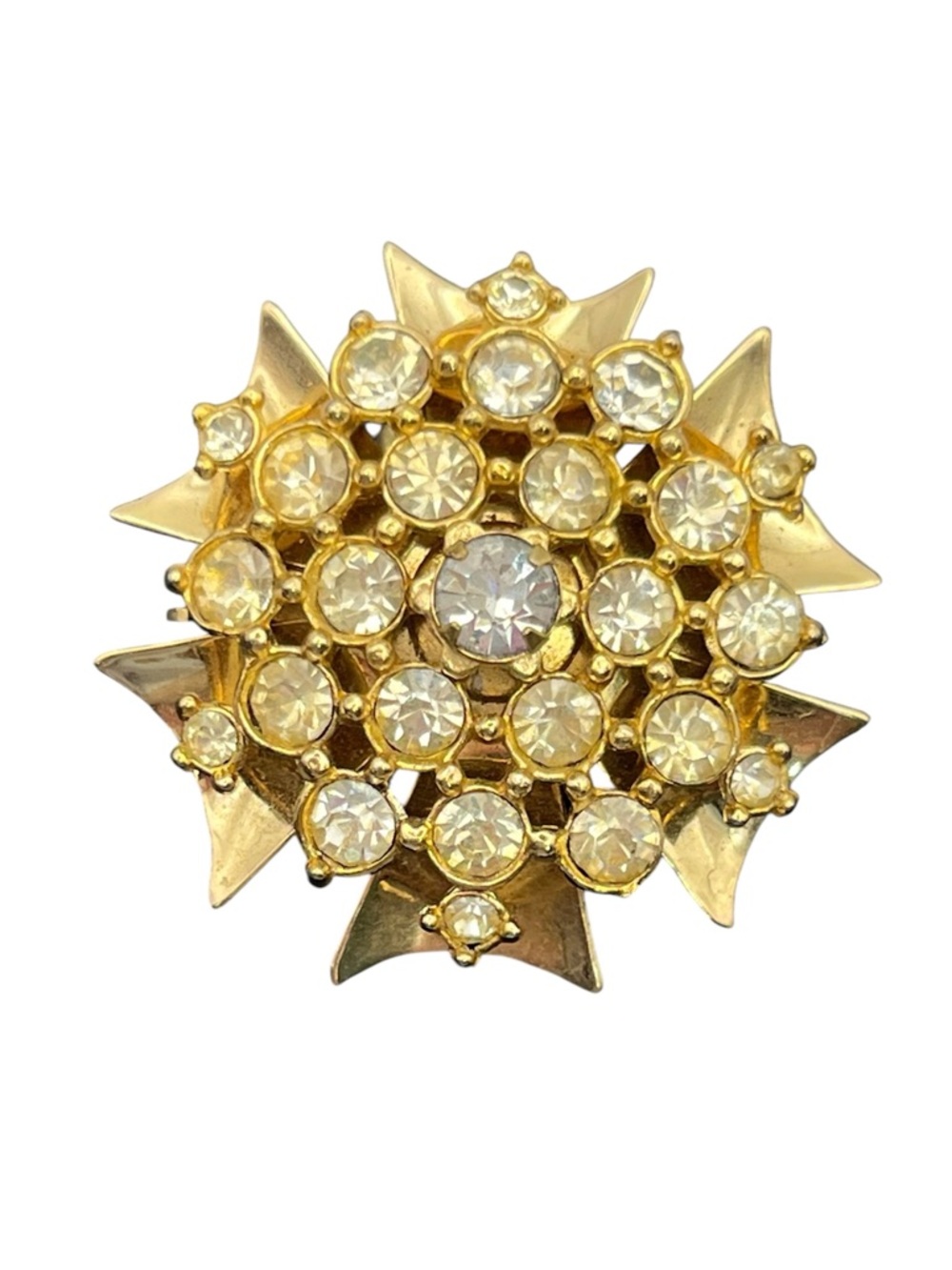 Maltese cross gold tone clear rhinestone vintage pendant or brooch pin